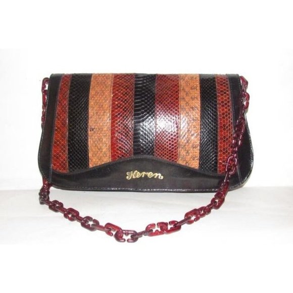 Keren Snakeskin Patchwork Saddle Bag w Lucite Chain Strap - Picture 7 of 10